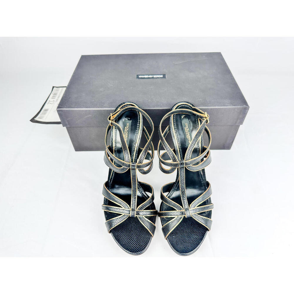 Dolce & Gabbana Ankle-Strap Heels Black & Gold Leather Size 39 EU Full Set NWT - Picture 8 of 9